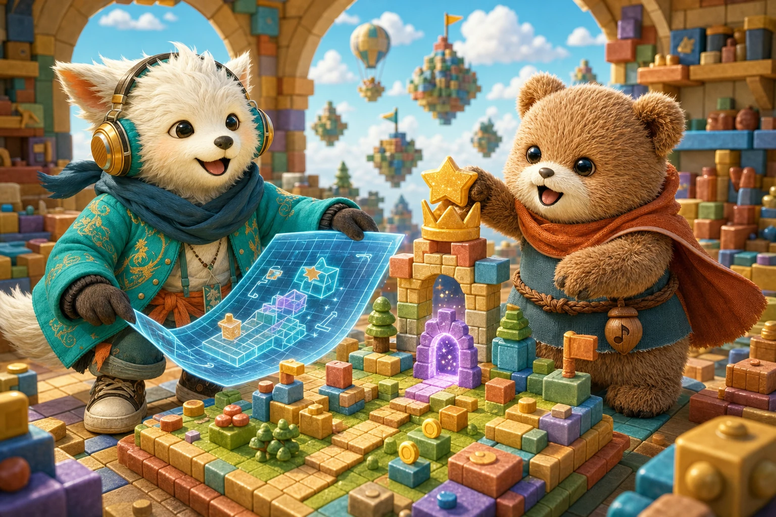 おでおとエモックが設計図を広げ、ブロックで新しいゲームの世界を一緒に作っている様子